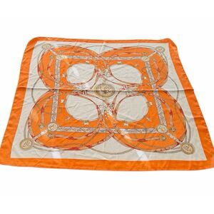 Vintage Style Orange Equestrian Harness Square Scarf Silk Blend